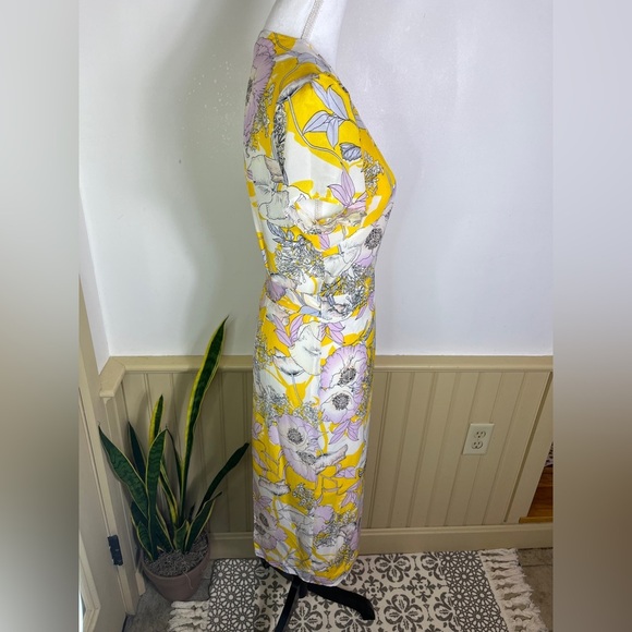 Yumi Kim Silk Wrap Midi Dress S Yellow Floral Wedding Guest Vacation Resort Work - Picture 9 of 12
